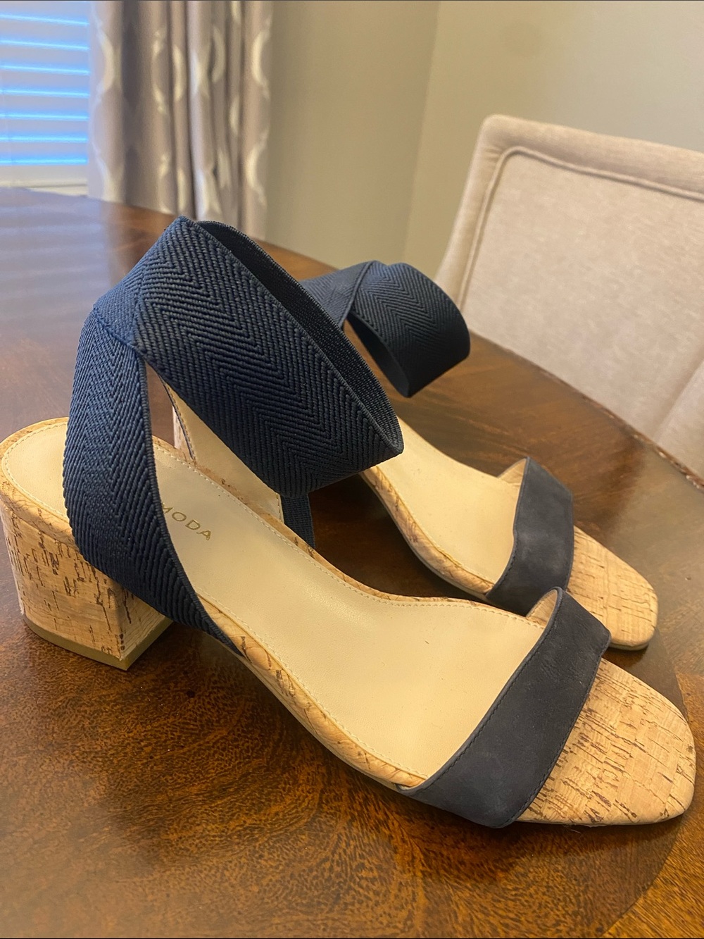 Pelle Moda Navy Elastic Strap Cork Block Heel Wedges